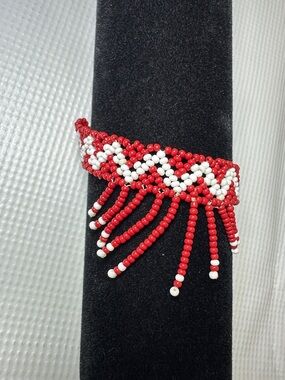 Handcrafted Red and White Beaded Fringe bracelet